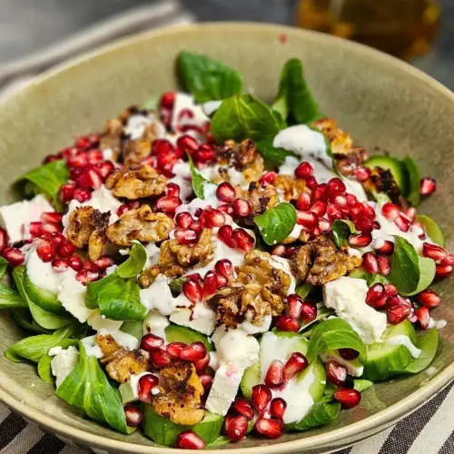 Feldsalat mit Granatapfel, Feta und karamellisierten Walnüssen - frisch & gesund