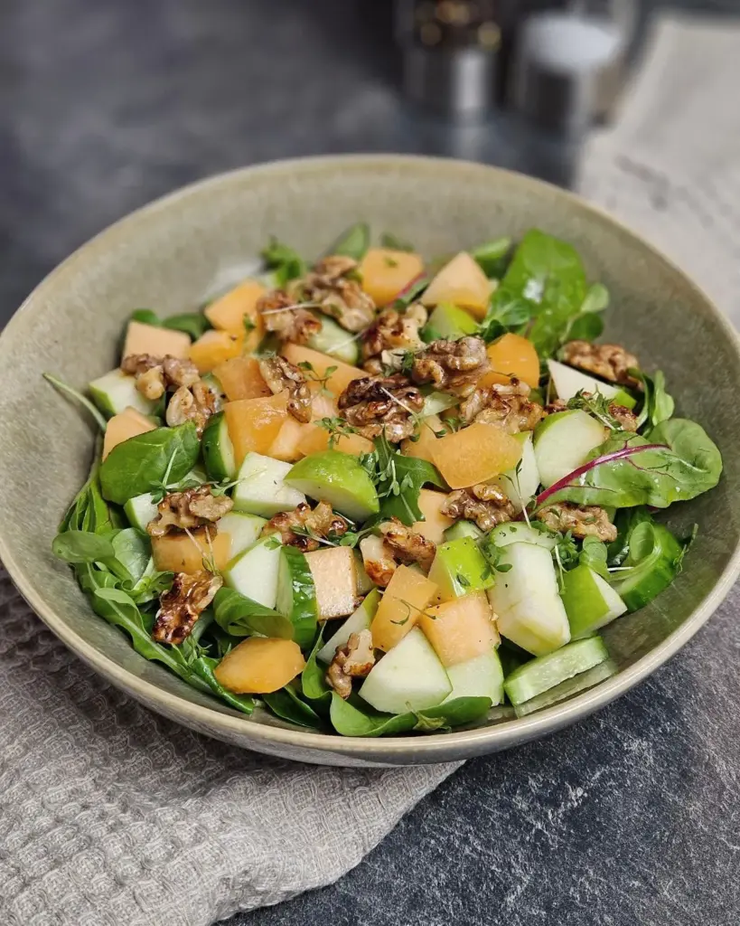 Fruchtiger Feldsalat mit Apfel, Melone und Walnüssen - leicht und gesund
