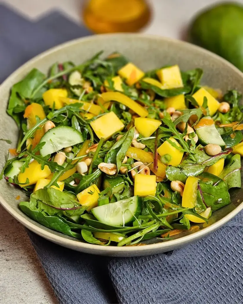 Fruchtiger Rucola-Salat mit Mango, Gurke und gerösteten Erdnüssen
