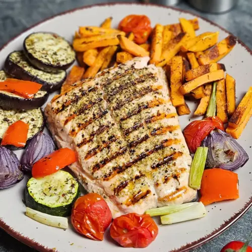 Gegrillter Lachs mit Süsskartoffel-Pommes und Ofengemüse