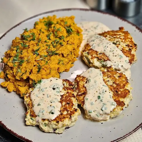 Hähnchenfrikadellen mit Süßkartoffelpüree und pikantem Joghurt-Dip - proteinreich und gesund