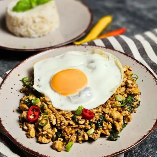 Vegetarisches Pad Krapao mit Tofu und Reis