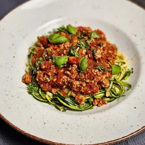 Zoodles mit Hackfleischsauce und Basilikum - frisches Low Carb Gericht