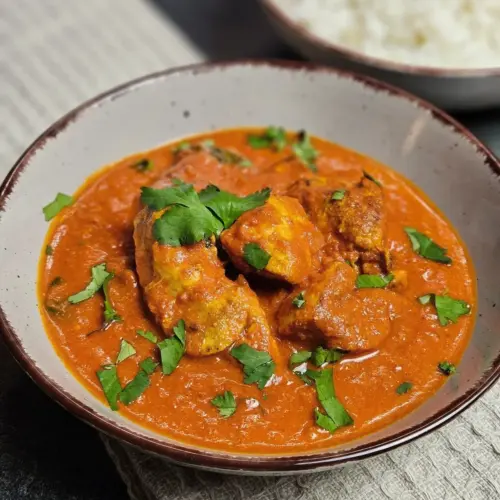 Chicken Tikka Masala in einer Schüssel mit einer Schüssel Reis im Hintergrund