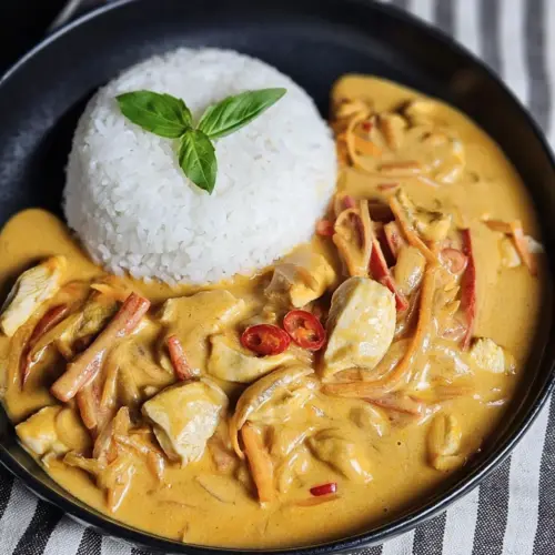 Cremiges Panang Curry mit Reis und Hähnchen
