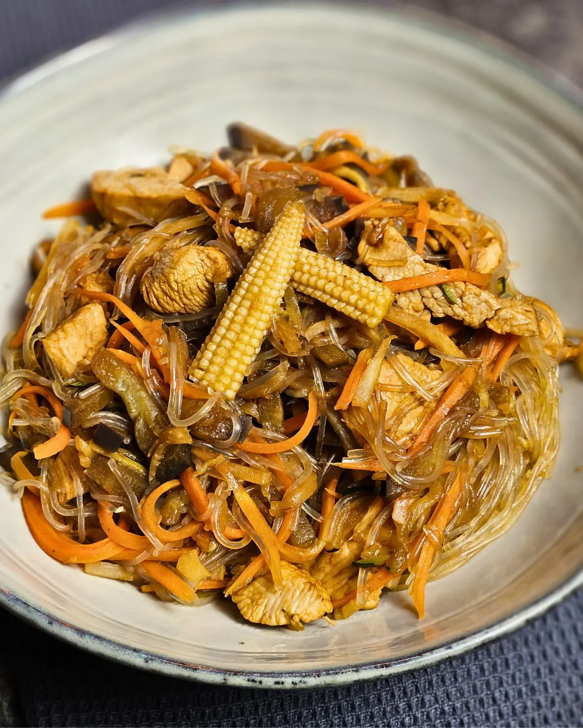 Glasnudeln mit Putenfleisch und Gemüse in Teriyaki-Sauce auf einem Teller angerichtet