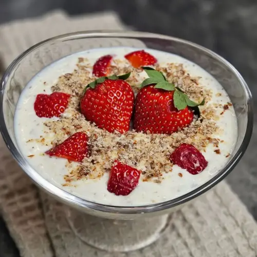 High Protein Erdbeer-Mandel-Dessert in einem Stilglas angerichtet