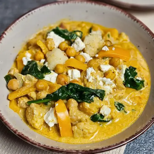 Kichererbsen Curry mit Feta und Spinat in einer Schüssel angerichtet