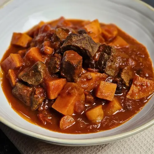 Orientalisches Gulasch mit Süßkartoffeln auf einem Teller angerichtet
