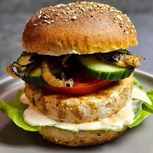 Chickenburger mit karamellisierten Zwiebeln und Joghurtsauce auf einem Teller angerichtet