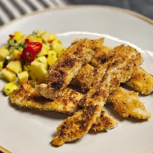 Knuspriges Kokos-Hähnchen mit frischer Mango-Salsa, saftige Hähnchenstreifen mit Mango-Salsa auf einem Teller angerichtet