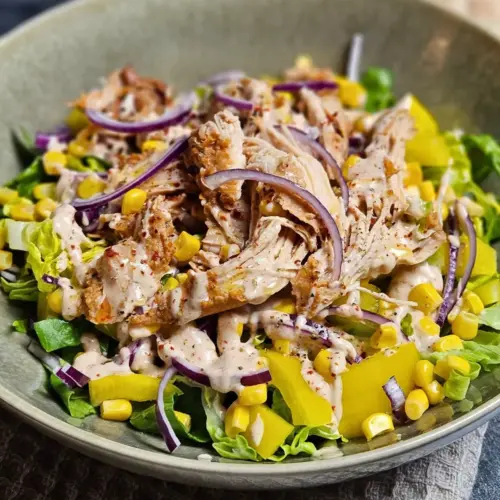 Pulled Chicken Salat mit BBQ-Joghurt-Dressing in einer Schüssel angerichtet