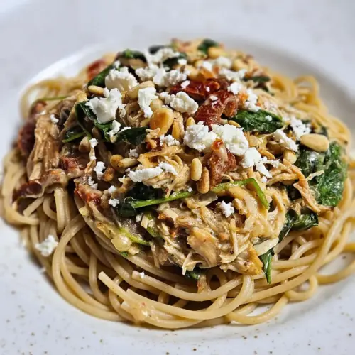 Cremige Pulled Chicken Pasta mit Spinat und getrockneten Tomaten auf einem Teller angerichtet