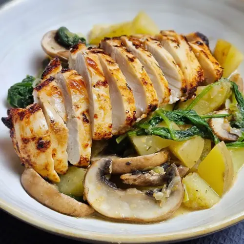 Cremige Kartoffel-Champignon-Pfanne mit Hähnchen in einer Schüssel angerichtet
