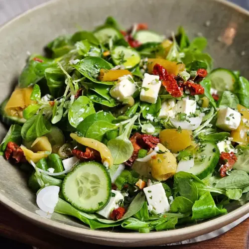 Feldsalat mit Gurke, Feta und getrockneten Tomaten in einer Schüssel angerichtet