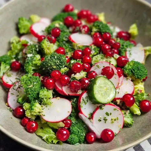 Frischer Brokkoli-Salat mit Radieschen und Johannisbeeren in einer Schüssel angerichtet