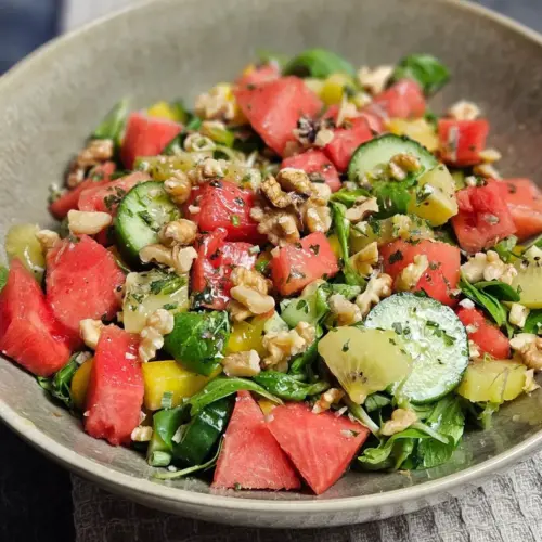 Fruchtiger Salat mit Wassermelone und Kiwi in einer Schüssel angerichtet