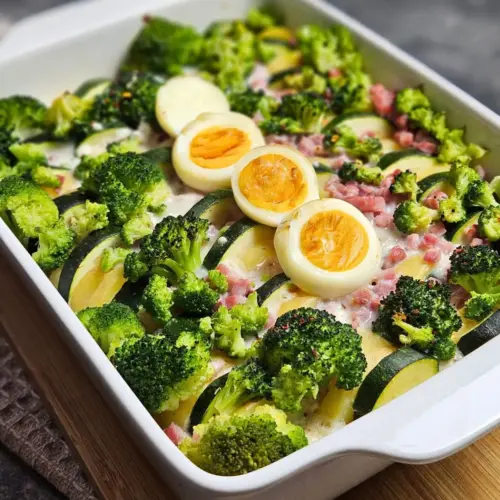 High Protein Kartoffel-Zucchini-Auflauf mit Schinken und Ei in einer Ofenform