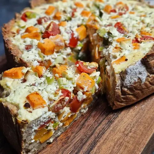 High Protein Süßkartoffel-Quiche mit Lauch und Tomaten auf einem rustikalen Brett angerichtet