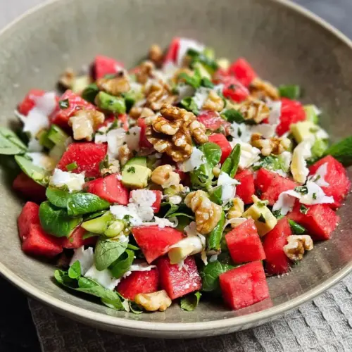 Melone-Halloumi-Salat mit Avocado und Walnüssen in einer Schüssel angerichtet