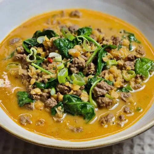 Rote-Linsen-Curry mit Hackfleisch, Spinat und Kokosmilch in einer Schüssel angerichtet