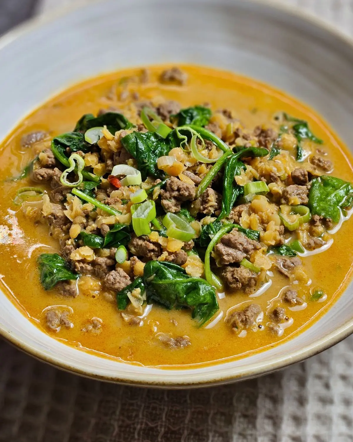 Rote-Linsen-Curry mit Hackfleisch, Spinat und Kokosmilch in einer Schüssel angerichtet