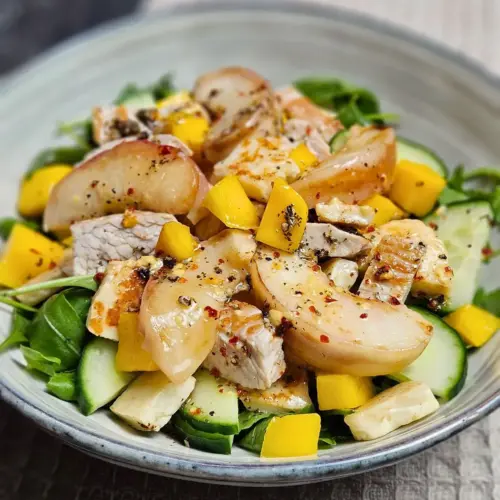 Fruchtiger Aprikose-Mango-Salat mit Putenstreifen und Halloumi in einer Schüssel angerichtet