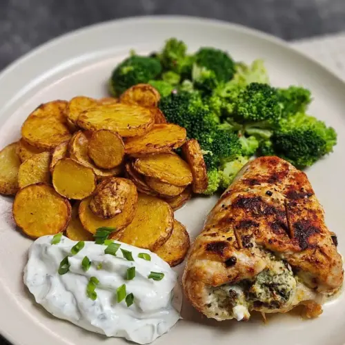 Gefüllte Hähnchenbrust mit Spinat und Feta mit Brokkoli und Bratkartoffeln auf einem Teller angerichtet