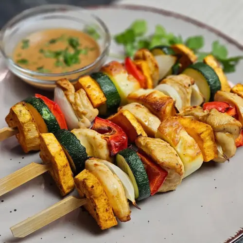 Hähnchen-Halloumi-Spieße mit Erdnusssauce - Airfryer Edition, 3 Spieße mit einer Schale Erdnusssauce auf einem Teller angerichtet