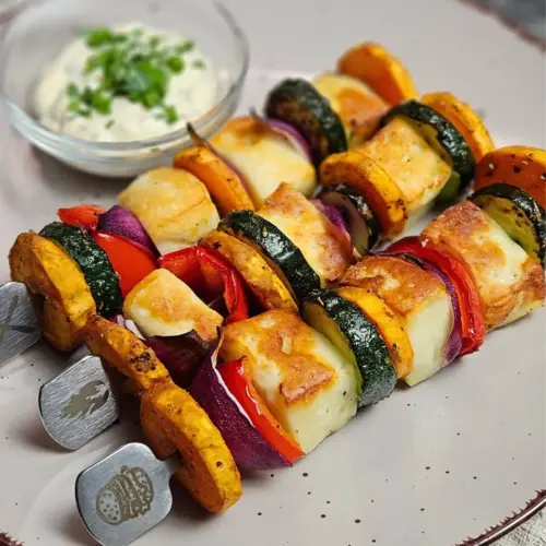 Halloumi-Süßkartoffel-Spieße mit Frischkäse-Petersilie-Dip - Airfryer Edition, drei Spieße mit einem Schälchen Sauce auf einem Teller angerichtet