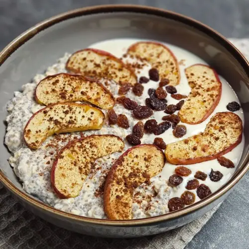 High Protein Apfelstrudel-Frühstücksbowl mit Apfel und Zimt in einer Bowlschüssel angerichtet