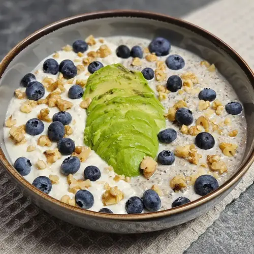 High Protein Frühstücksbowl mit Buchweizen, Avocado und Blaubeeren in einer Bowlschüssel angerichtet