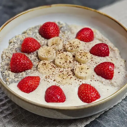 High Protein Frühstücksbowl mit Buchweizen, Banane und Erdbeeren in einer Bowlschüssel angerichtet