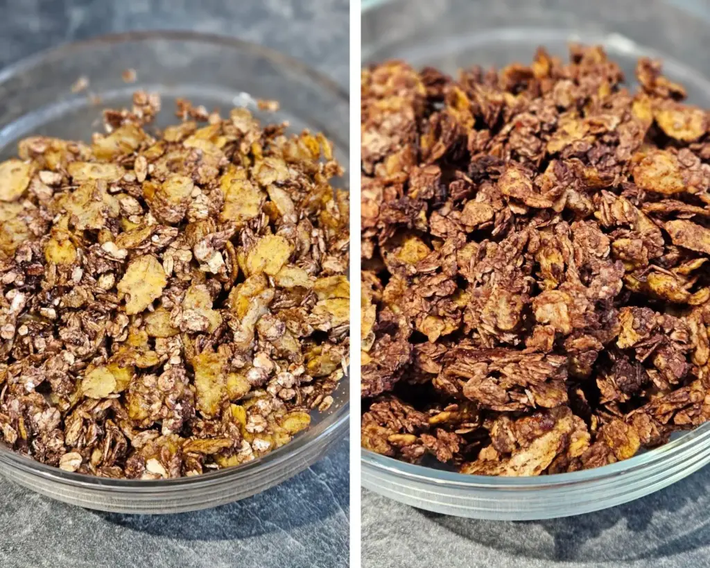 Zwei Schüsseln voll Granola, eine mit dem Granola vor dem Backen, eine mit Granola nach dem Backen