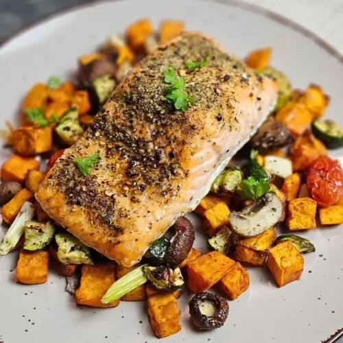 Mediterraner Lachs mit Süßkartoffeln und Gemüse auf einem Teller angerichtet