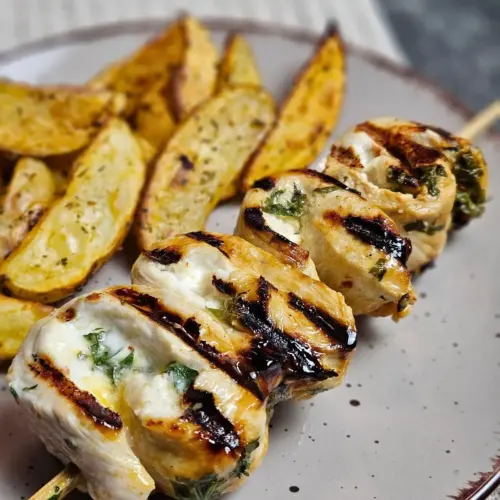 Putenröllchen mit Frischkäse, Feta und Aprikose mit Kartoffelecken auf einem Teller angerichtet