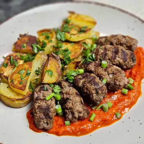 Selbstgemachte Cevapcici mit knusprigen Bratkartoffeln mit Ajvar auf einem Teller serviert