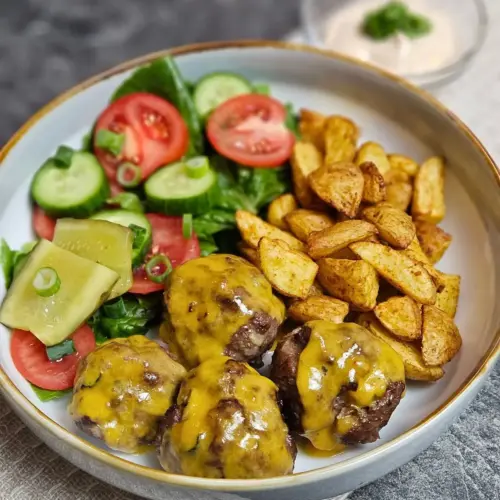 Cheeseburger-Bowl mit Hackbällchen und Kartoffelecken und Salat in einer Bowlschüssel angerichtet