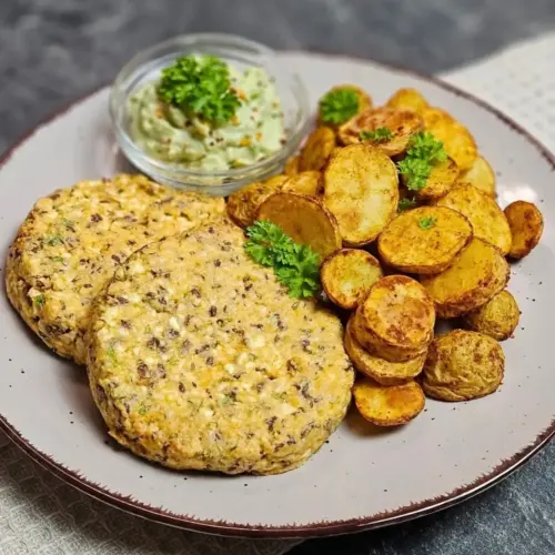 Frischkäsetaler mit Avocado-Dip und Bratkartoffeln aus dem Airfryer auf einem Teller angerichtet