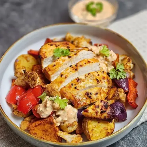 Hähnchen-Gemüse-Bowl mit Paprika-Frischkäse-Dip und Kartoffeln in einer Bowl angerichtet