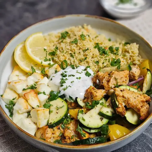 Hähnchen-Halloumi-Bowl mit Couscous in einer Bowl angerichtet