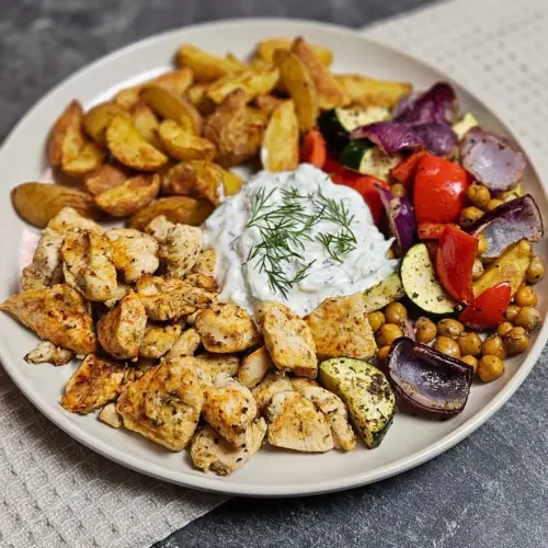 Gyros-Hähnchen mit Ofengemüse und Kartoffelspalten aus dem Airfryer auf einem Teller angerichtet